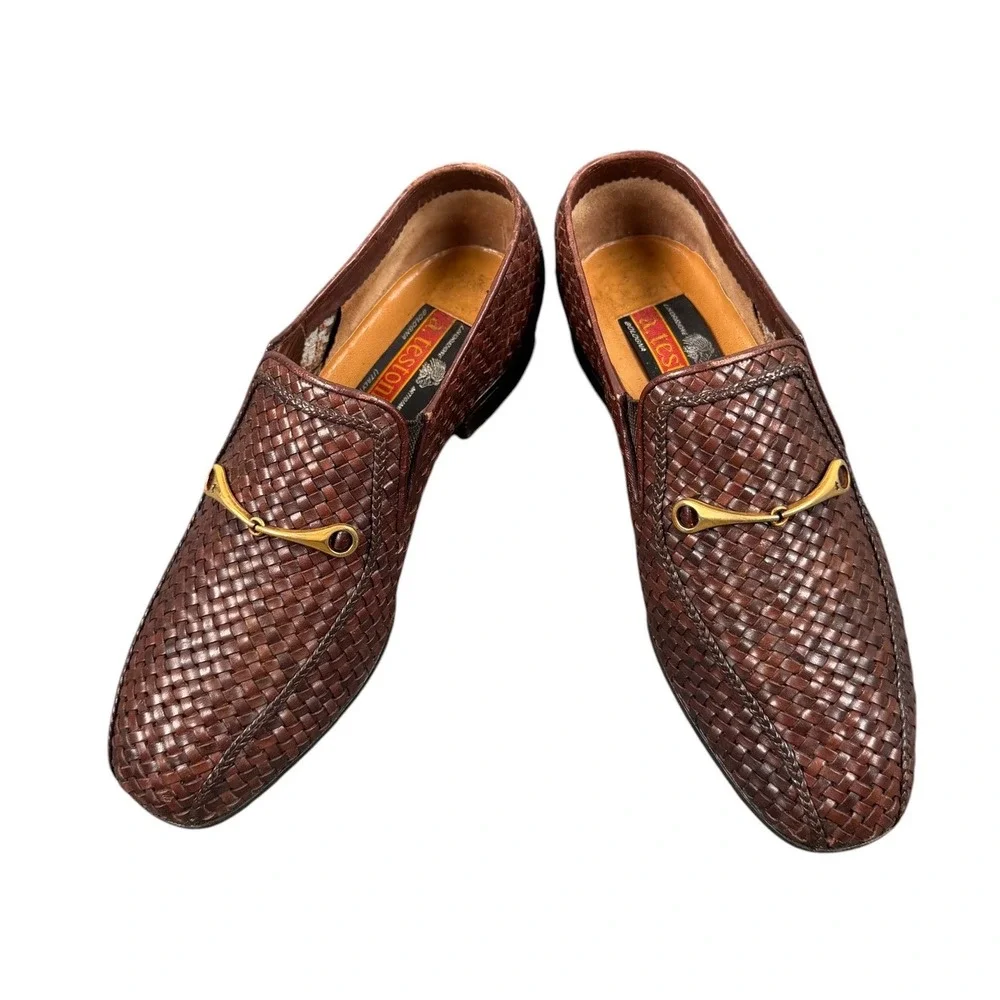 A. Testoni Brown Leather Woven Horse Gold Bit Men's Loafers Size UK5 Us 6 G